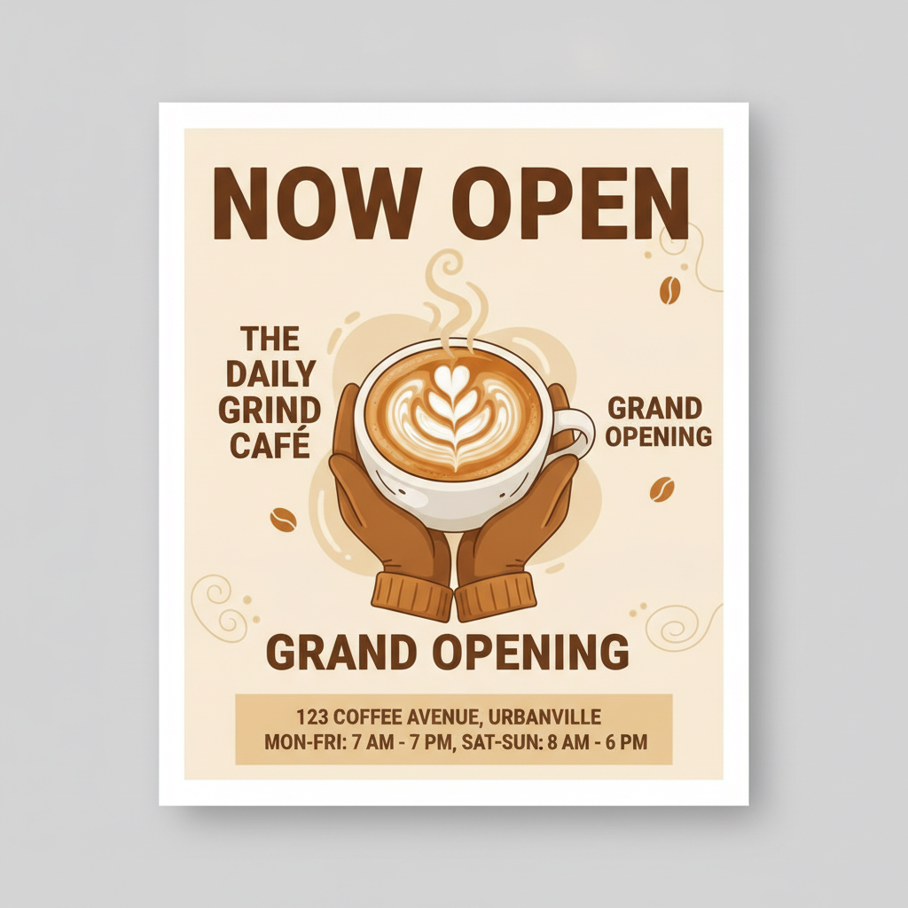 AI flyer generator result — an elegant cafe grand-opening flyer with warm coffee tones