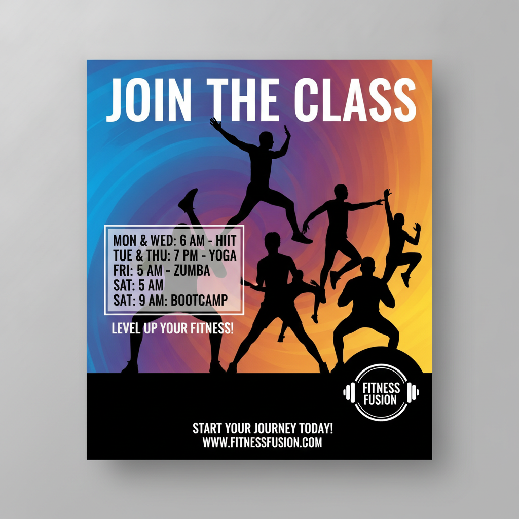 AI flyer generator result — an energetic fitness class flyer with a join the class headline