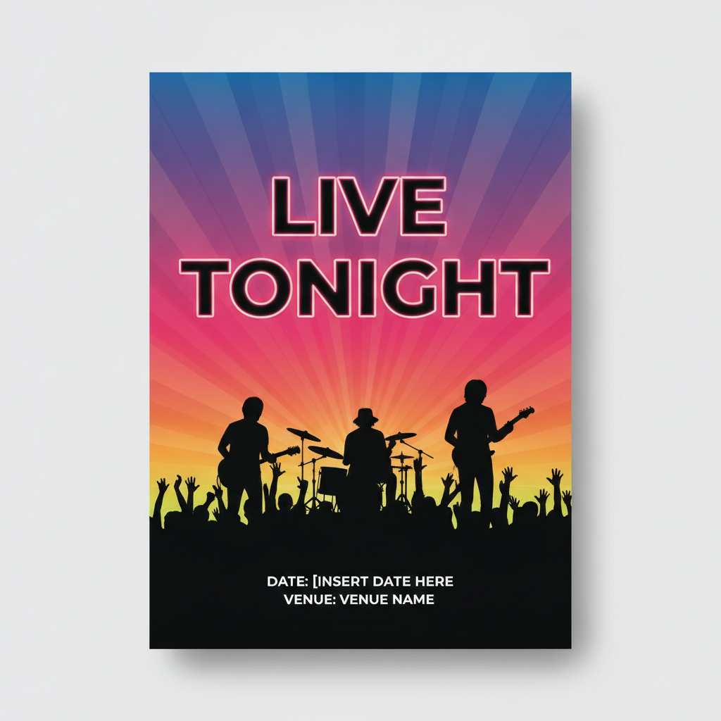 AI flyer generator result — a vibrant music event flyer with a bold headline and neon gradient background