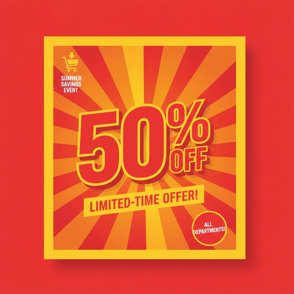 AI flyer generator result — a bold retail sale flyer with large 50% off text