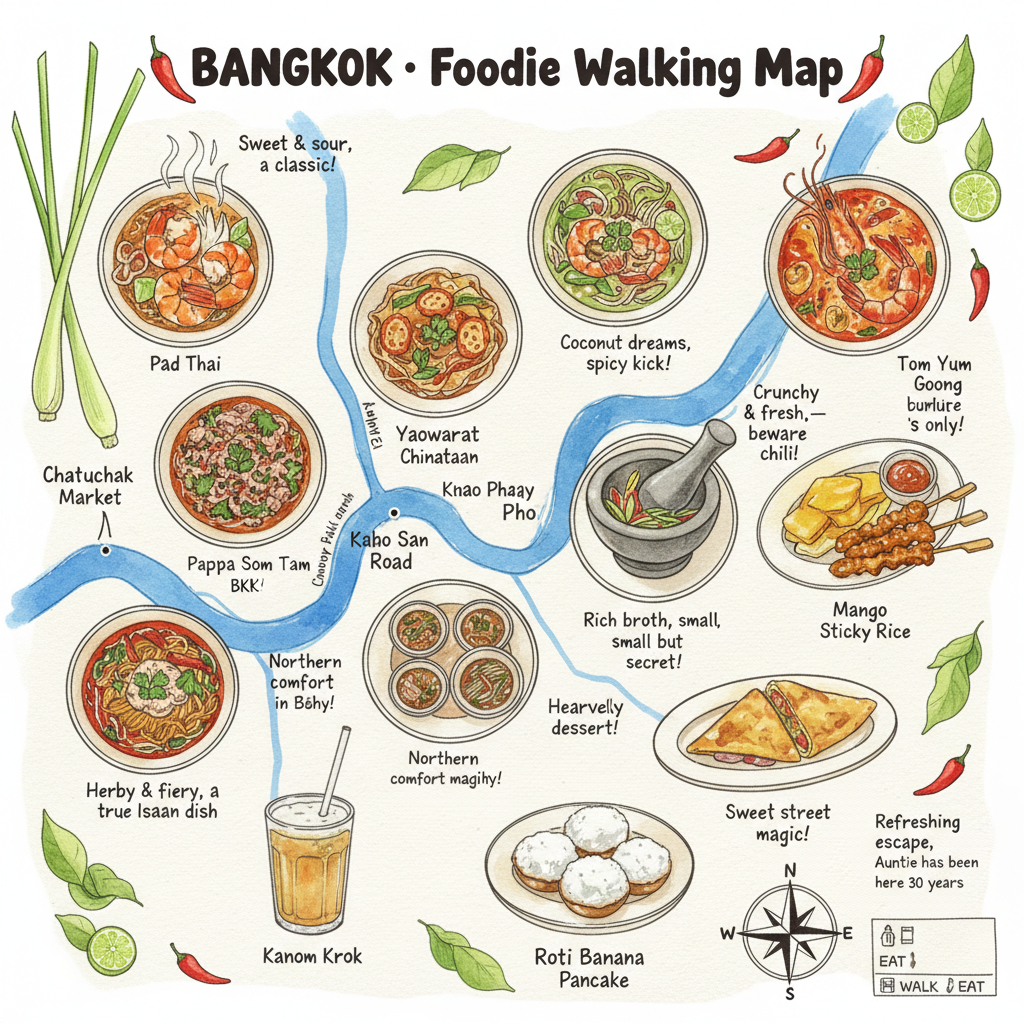 AI food map of Bangkok with 12 hand-drawn street food vignettes including pad thai, green curry, tom yum, mango sticky rice, som tam, satay, boat noodles, framed by lemongrass and chilis