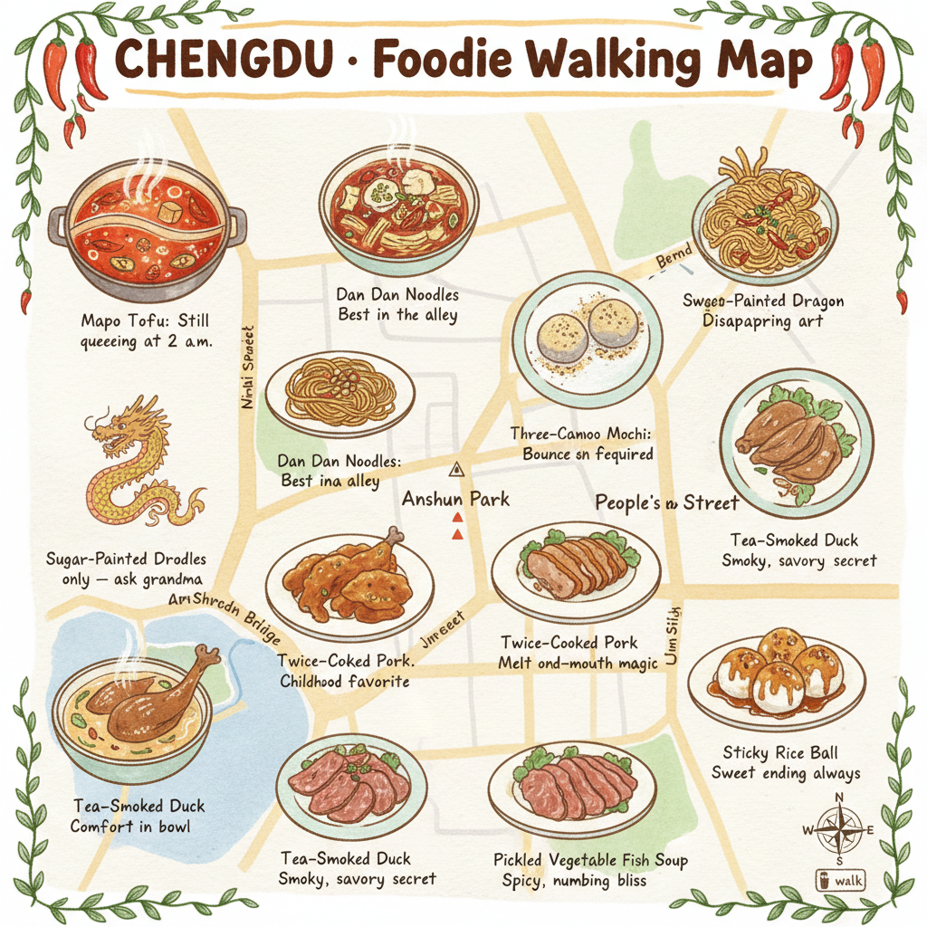 AI food map of Chengdu showing 12 hand-drawn vignettes of mapo tofu, dan dan noodles, hot pot, sweet water noodles, kung pao chicken, twice-cooked pork, tea-smoked duck, and more in watercolor and colored-pencil style