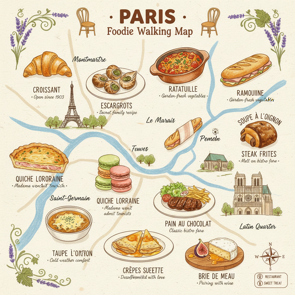 AI food map of Paris with 12 hand-drawn vignettes of croissants, escargots, ratatouille, baguette, quiche, macarons, steak frites, tarte tatin, French onion soup, framed by lavender and grapevines