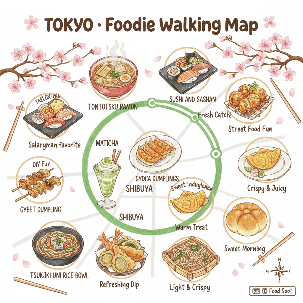 AI food map of Tokyo with 12 hand-drawn food vignettes including tonkotsu ramen, sushi, takoyaki, gyoza, taiyaki, yakitori, soba, tempura framed by cherry blossoms