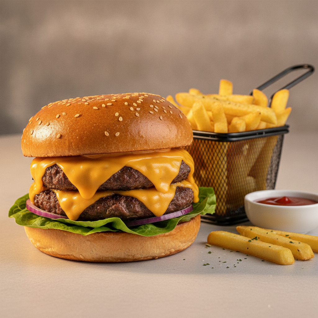 AI food photo of a gourmet double cheeseburger with fries, shot straight on for a menu hero