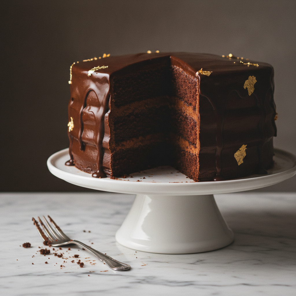 AI food photography of a sliced chocolate layer cake with ganache on a white cake stand