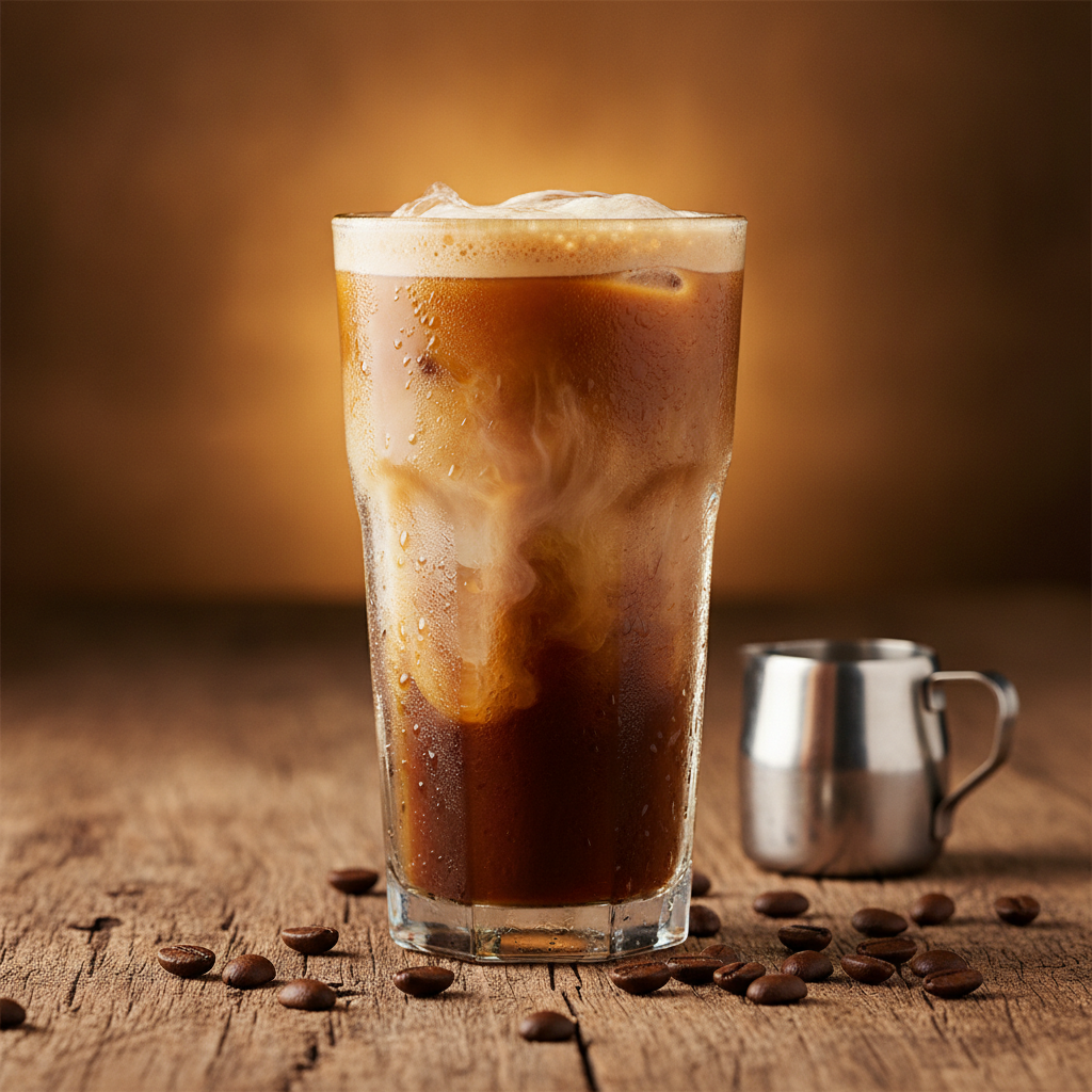 AI generated food photo of an iced latte with cream swirl and condensation in warm cafe light