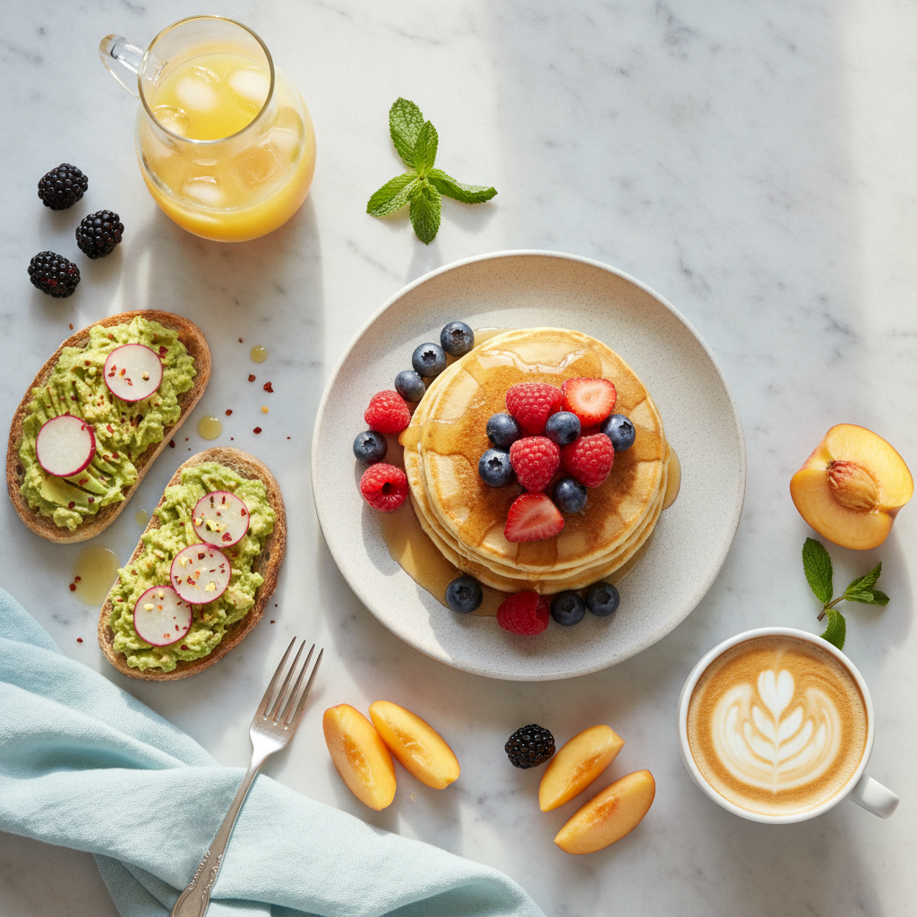 AI generated overhead brunch flat lay with pancakes, avocado toast and coffee on a marble surface