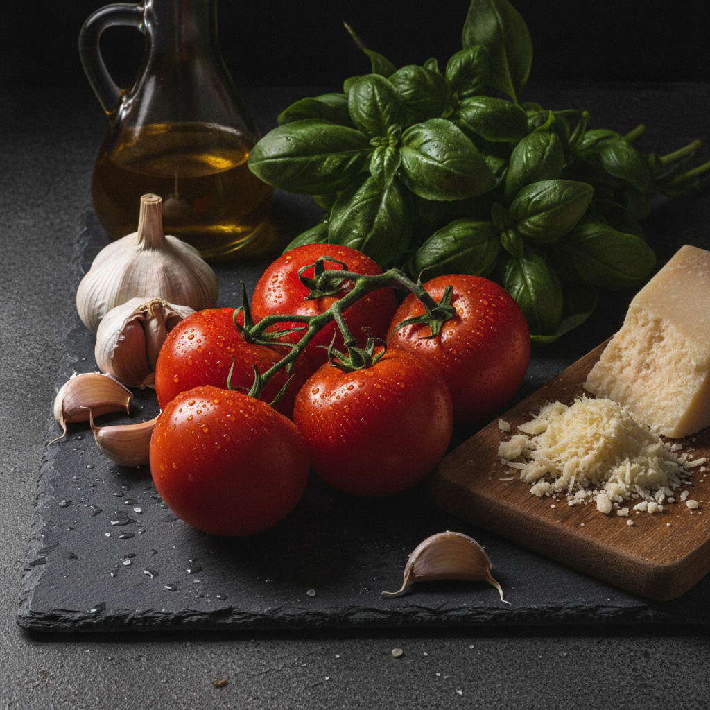 AI food photo of tomatoes, basil and olive oil on dark slate in dramatic side lighting