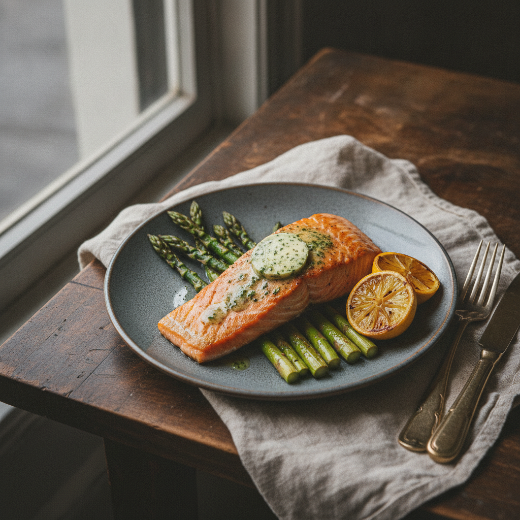 AI food photography of seared salmon with asparagus plated on a matte ceramic dish in soft window light