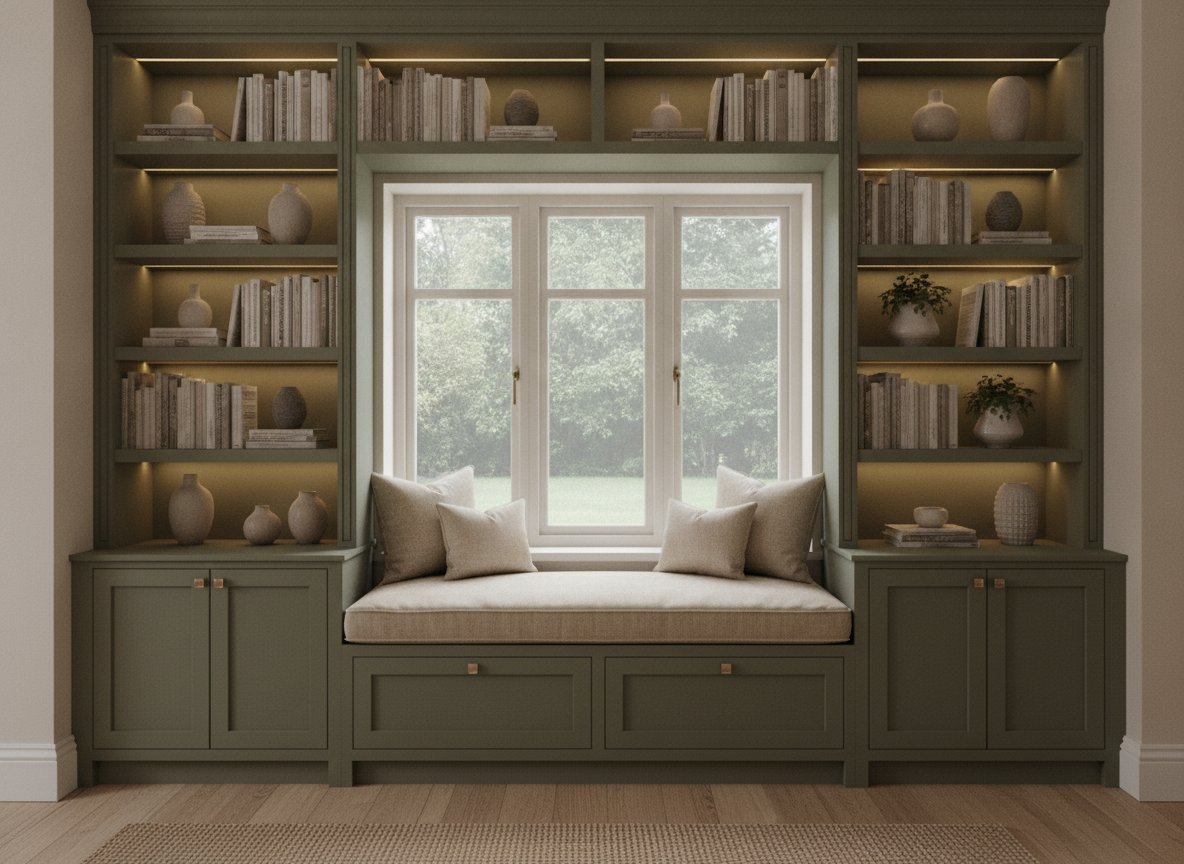 AI custom furniture design example — a built in window seat and bookcase in deep olive shaker cabinetry with an oatmeal boucle bench beside a bay window