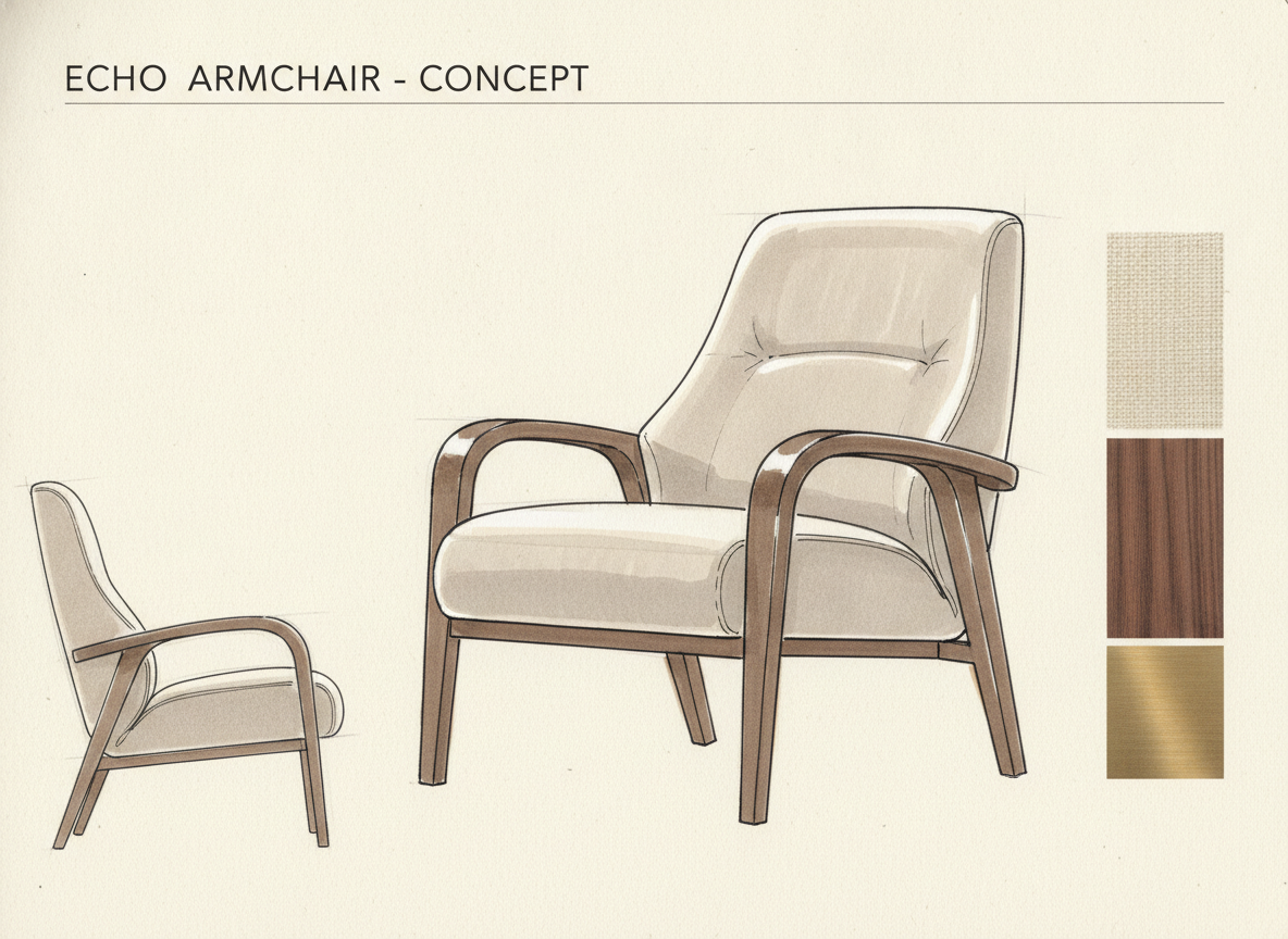 AI furniture concept generator example — a designer sketch page of an armchair in ink and warm grey marker on cream paper with a side elevation and material swatches
