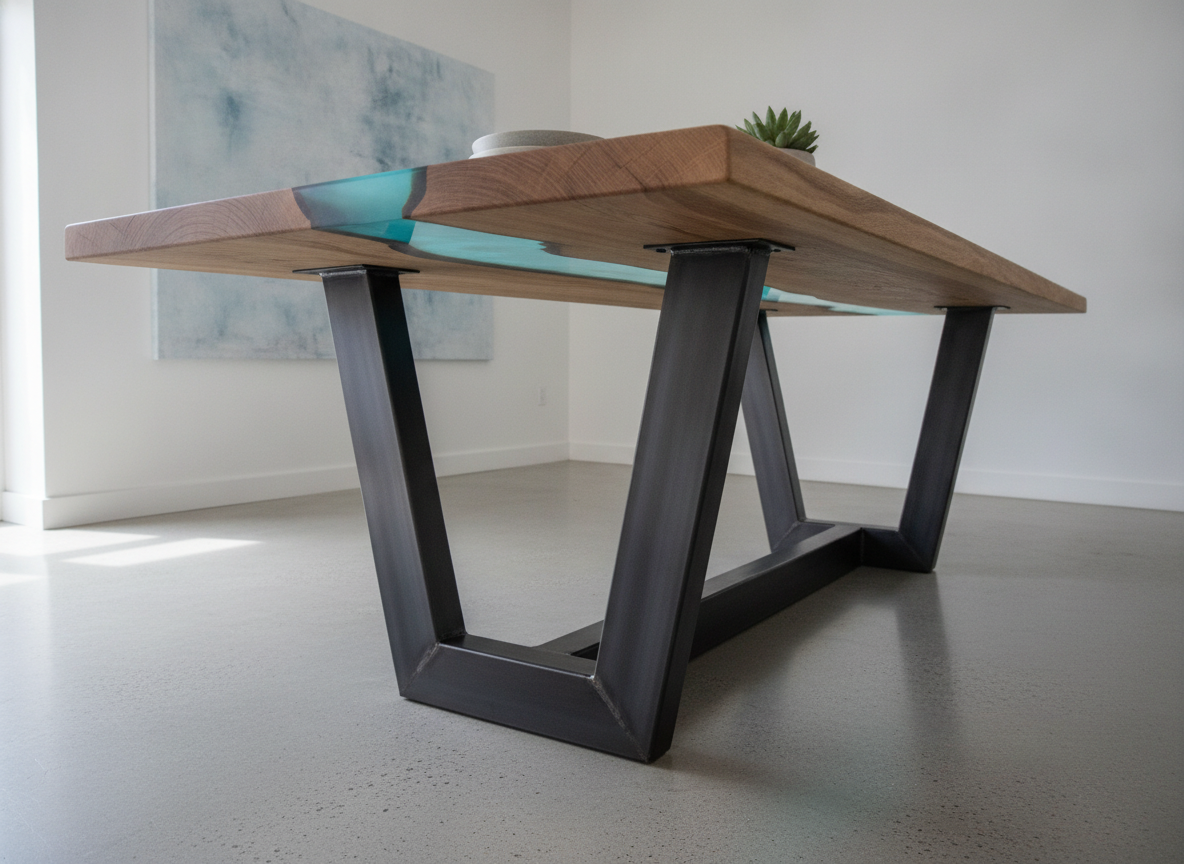 AI table design generator example — a live edge oak slab dining table with a resin filled crack on a blackened steel trapezoid base in a bright minimal room