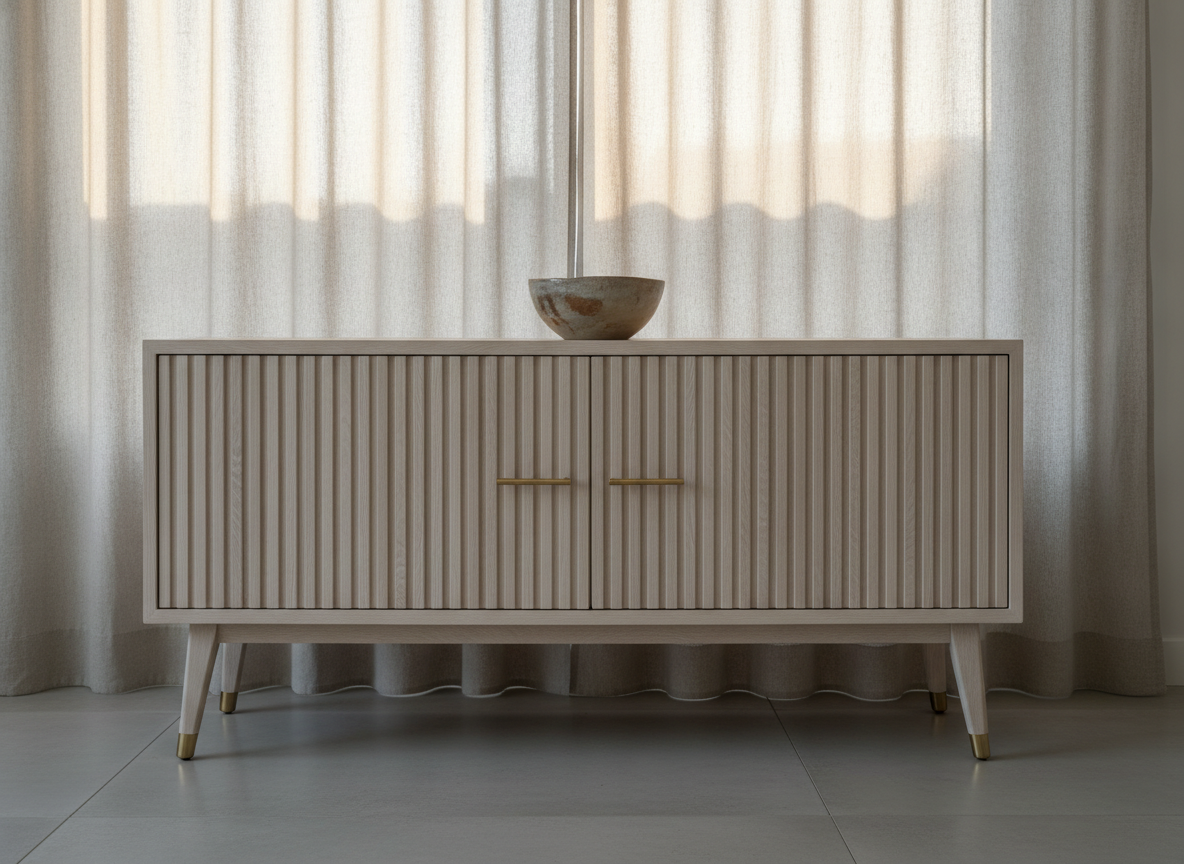 AI cabinet design tool example — a Japandi low sideboard in pale white oak with fluted slat doors, brass pulls and tapered legs in soft morning light