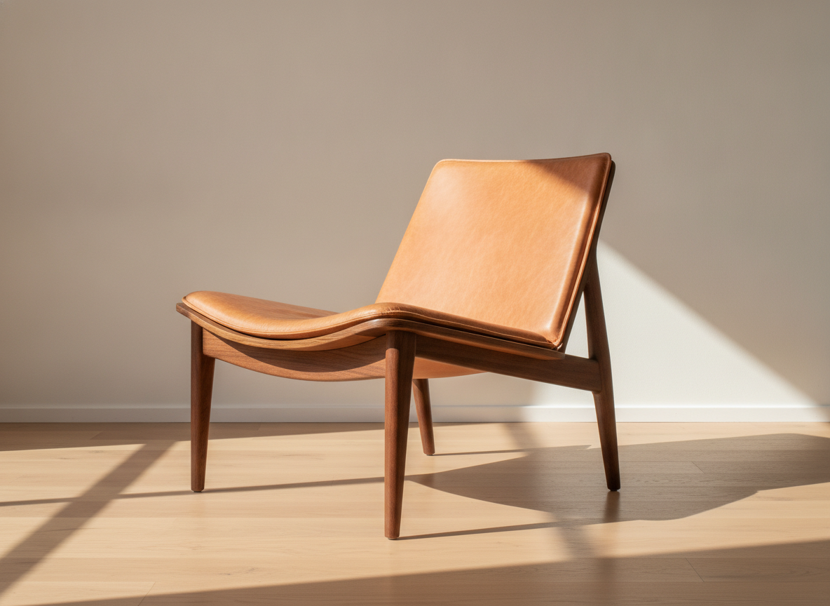 AI furniture design generator example — a mid century lounge chair with a solid walnut frame, tapered legs and a low slung caramel leather seat on a pale oak floor