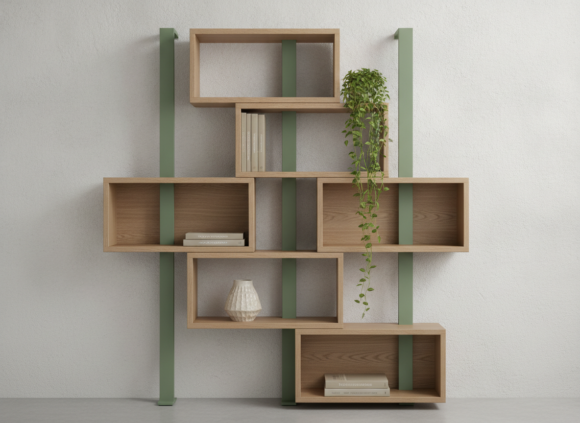 AI furniture generator example — a modular shelving unit with sage green steel uprights and staggered ash timber shelves styled with books and a trailing plant