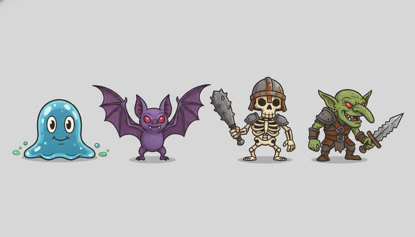 AI game asset generator result — a collection of 2D enemy sprites including slime, bat, skeleton and goblin