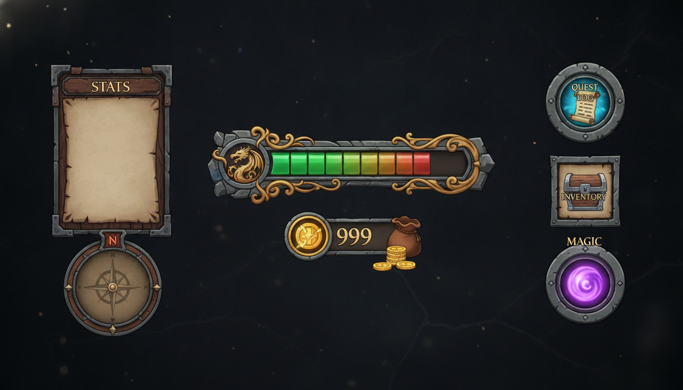 AI game asset generator result — a pack of 2D game UI elements including health bar, coin counter and buttons