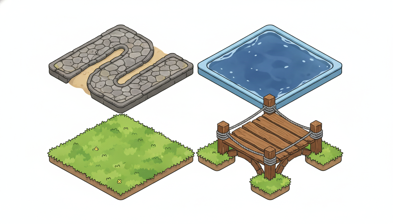 AI game asset generator result — a set of isometric game tiles including stone path, water, grass and bridge