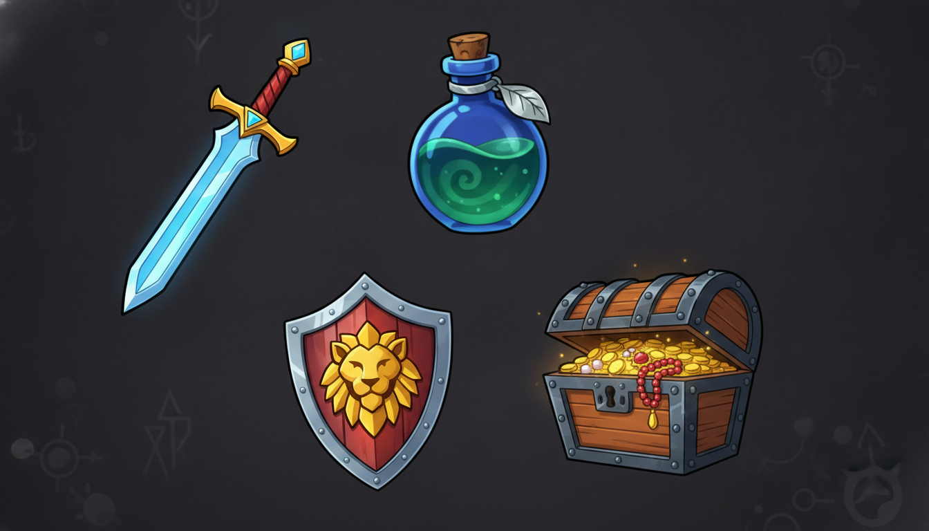 AI game asset generator result — a set of fantasy RPG item icons including sword, potion, shield and treasure chest