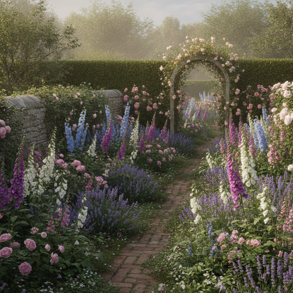 AI garden design of an English cottage garden with foxgloves, roses, lavender and a winding brick path