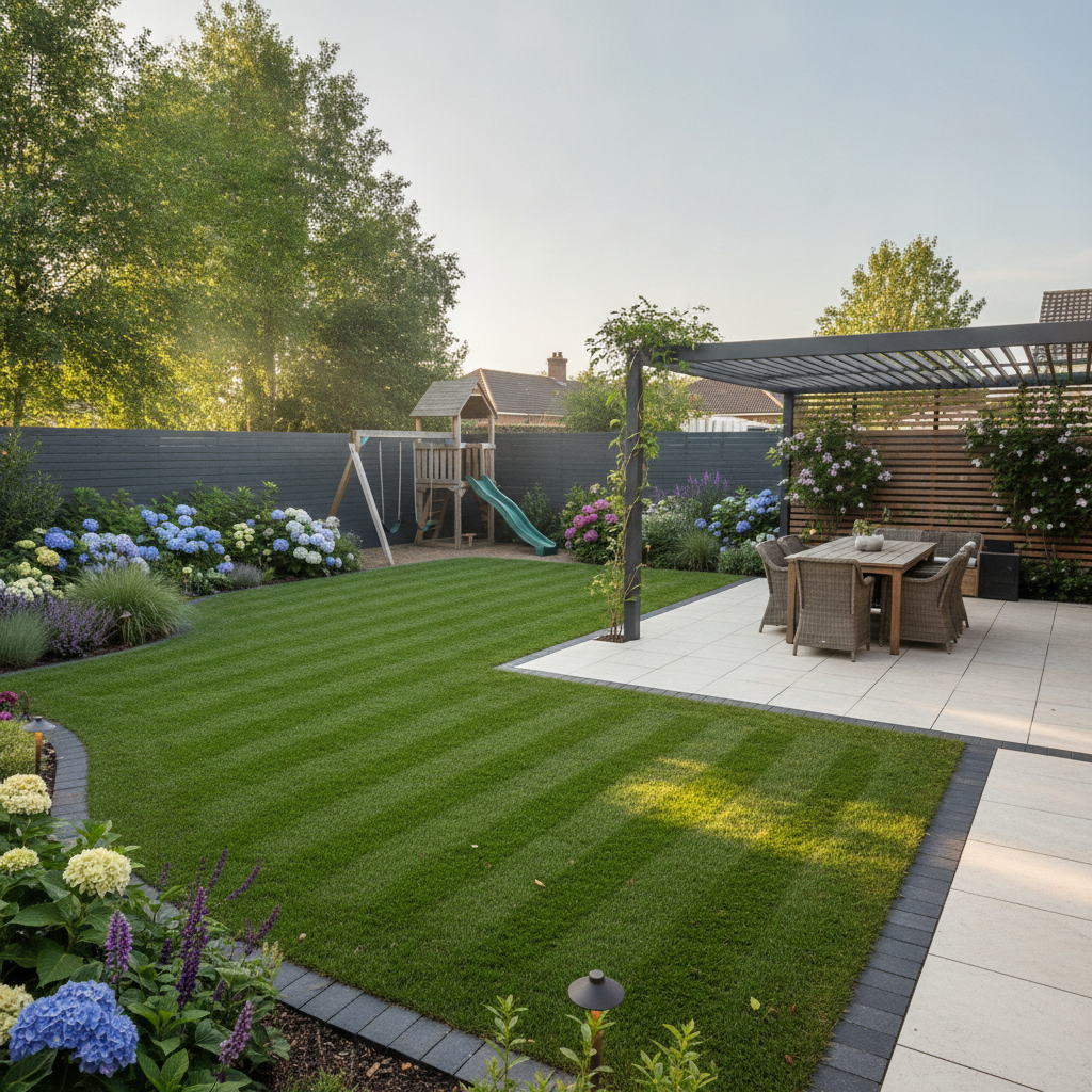 AI garden design of a family backyard with striped lawn, paved dining patio, pergola and a timber play area