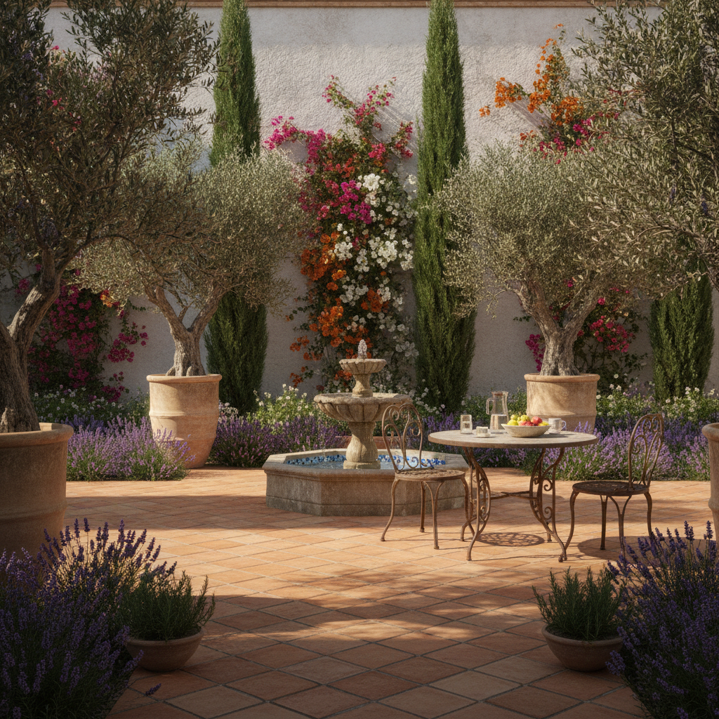 AI garden design of a Mediterranean courtyard with terracotta paving, olive trees, a fountain and bougainvillea
