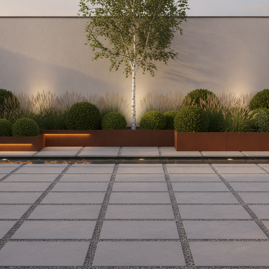AI garden design in a modern minimalist style with corten steel planters, ornamental grasses and a linear water feature