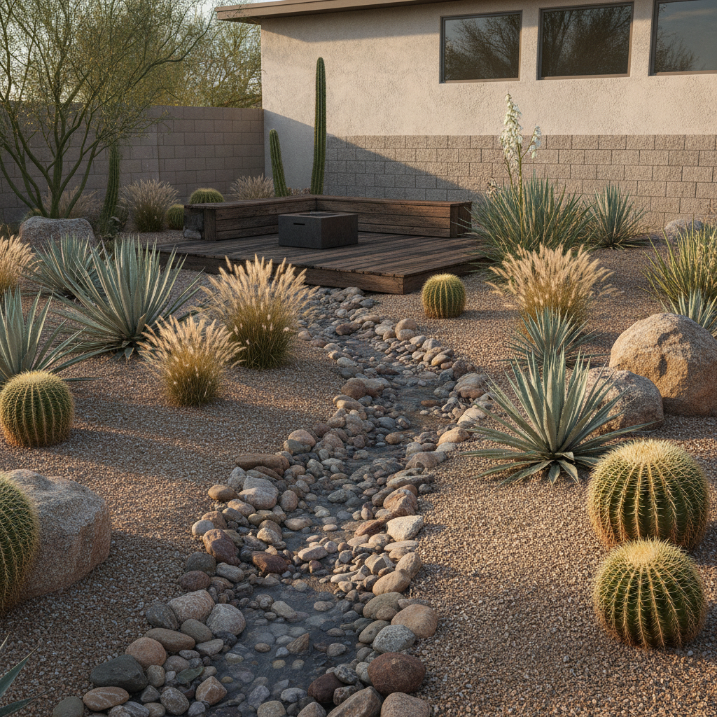 AI garden design of a low water xeriscape with dry riverbed cobbles, agave, ornamental grasses and a timber deck