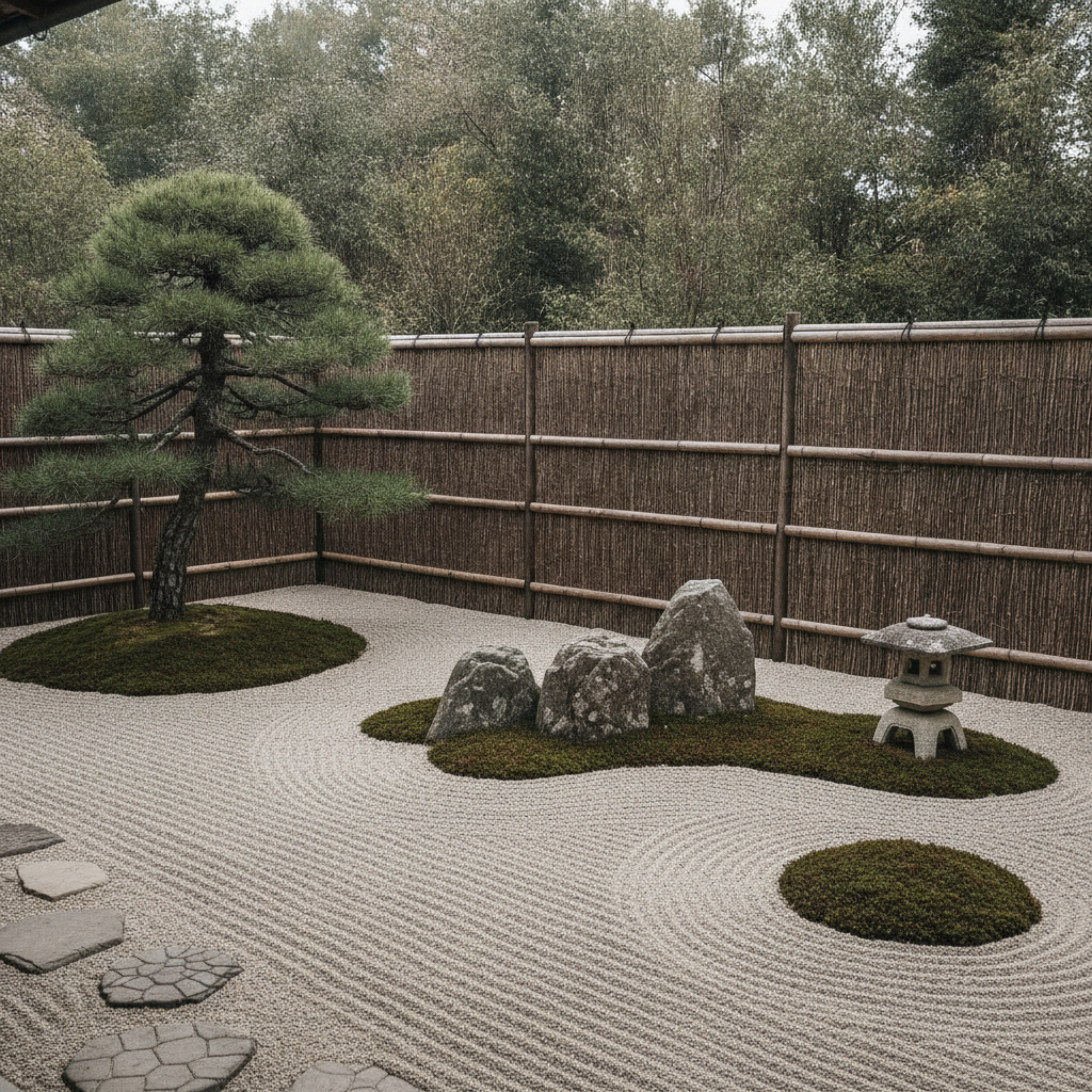 AI garden design of a Japanese zen garden with raked gravel, boulders, moss and a clipped pine