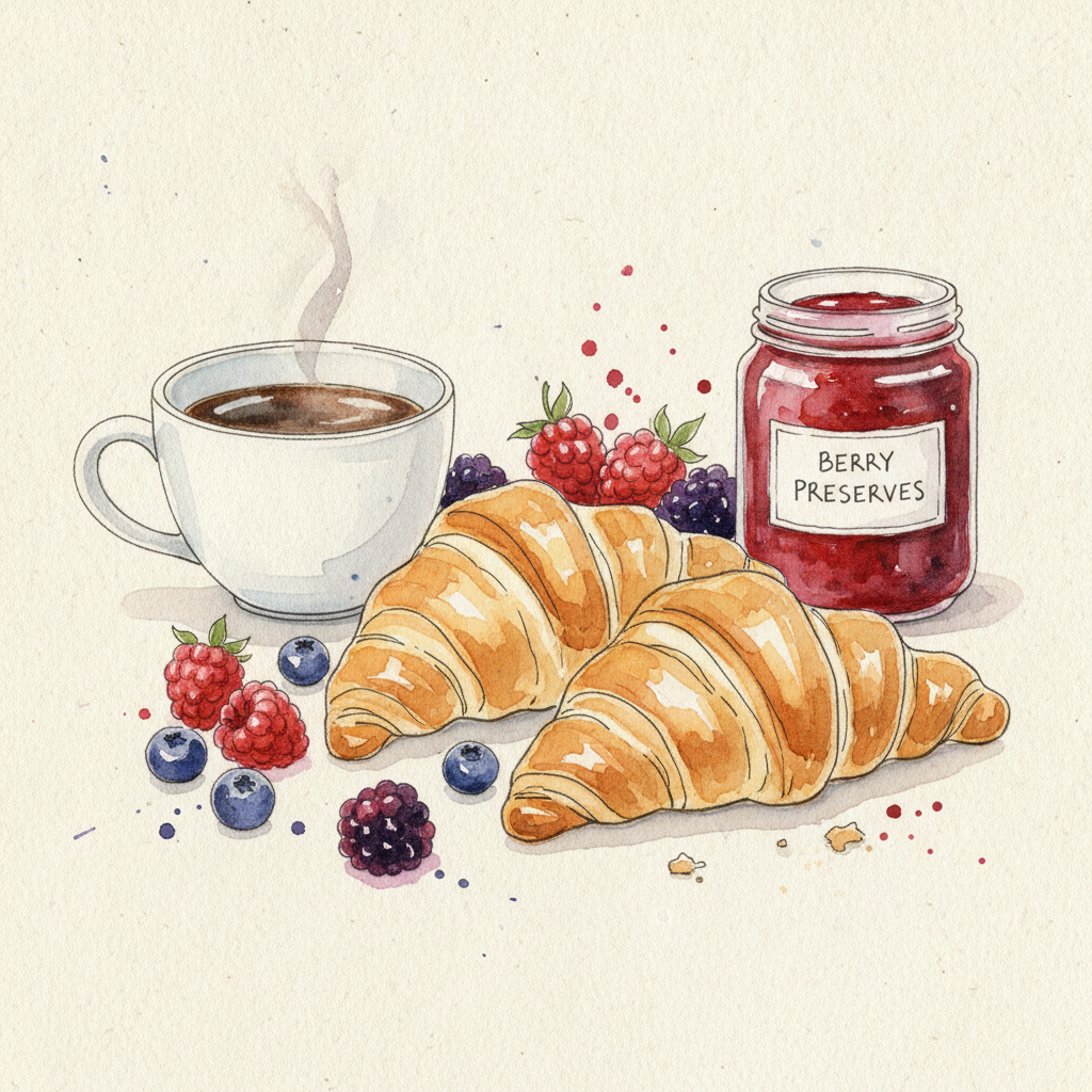 Watercolour food illustration of croissants, berries and coffee generated as AI food art for a cafe menu