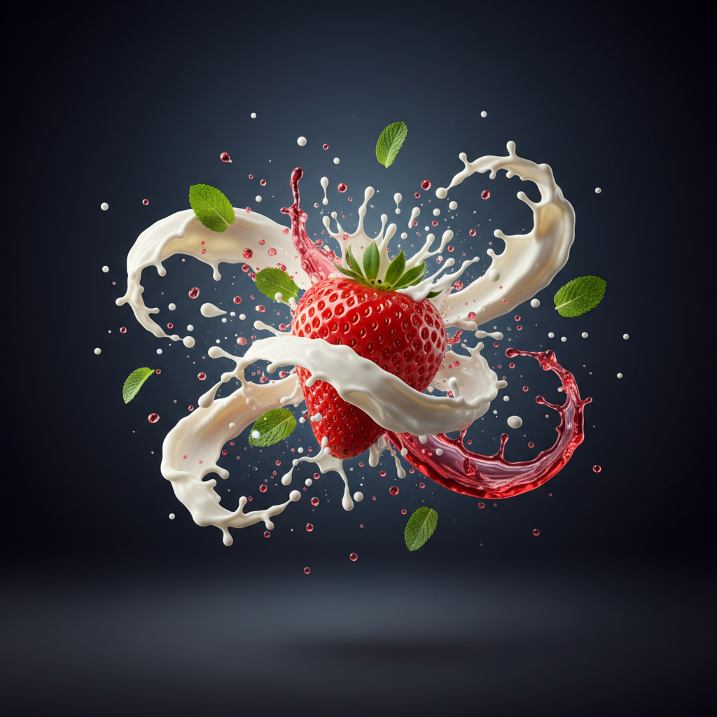 Surreal AI-generated meal visual of a strawberry exploding into a cream splash frozen in mid-air on a dark background