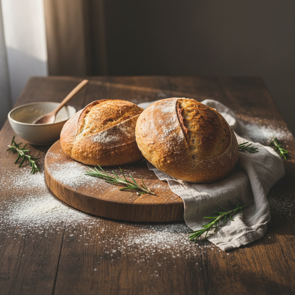 Rustic sourdough baking flat lay created with virtual food styling — golden loaves, flour and linen on a dark wooden table
