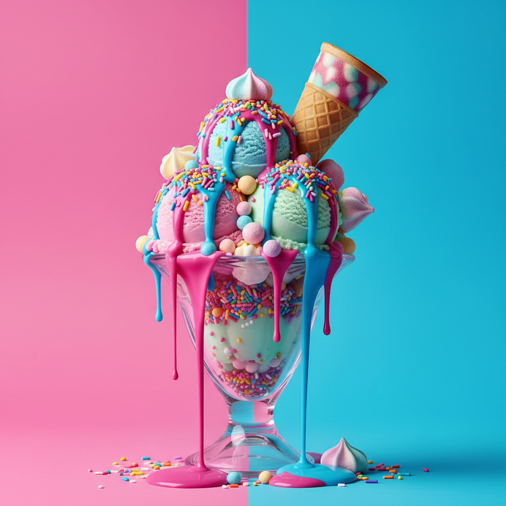 Vibrant pop art dessert image of a pastel ice cream sundae on a neon colour-blocked background from culinary design AI