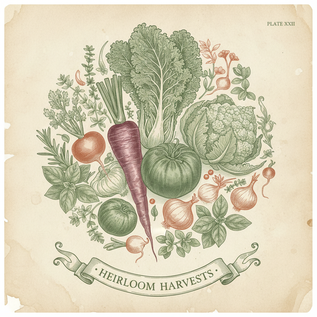 Vintage botanical culinary illustration of heirloom vegetables and herbs on aged parchment, a digital cuisine image for menu artwork