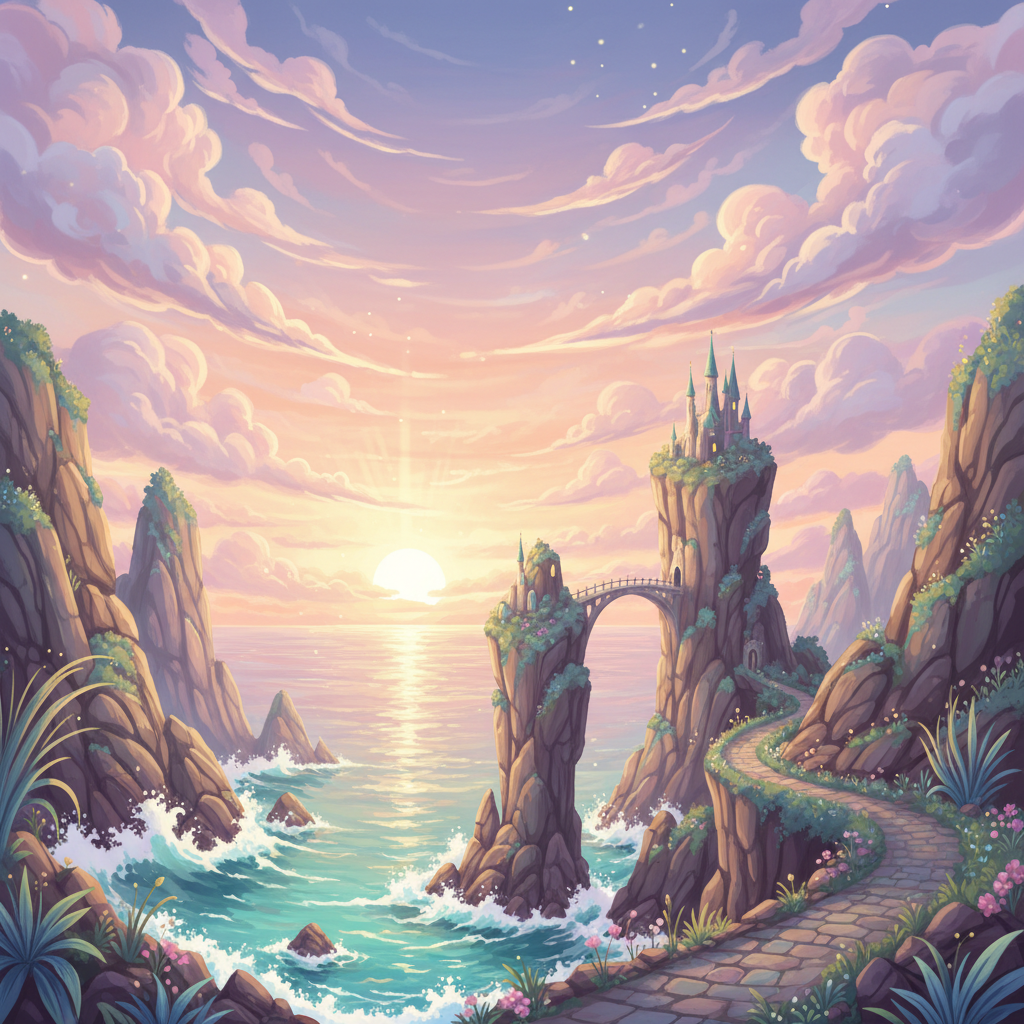 AI-generated landscape art of a coastal cliffside at sunset with a pastel gradient sky and luminous clouds