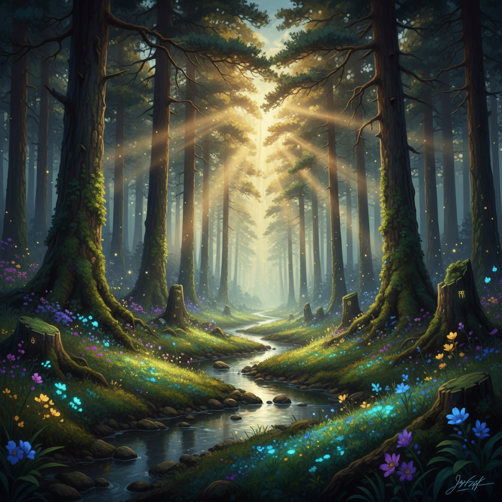 AI-generated landscape art of an enchanted forest clearing with sun rays through tall pines and glowing wildflowers