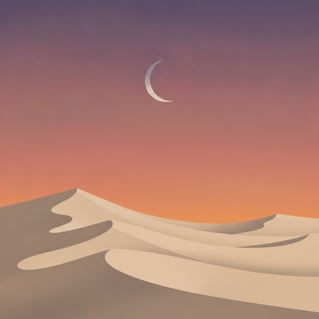 AI-generated landscape art of a surreal desert at twilight with sculpted dunes and a violet to amber gradient sky