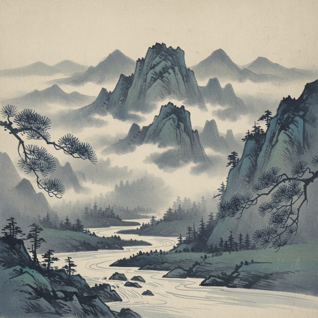 AI-generated landscape art of a misty Japanese mountain river in a traditional ink-wash style with layered fog