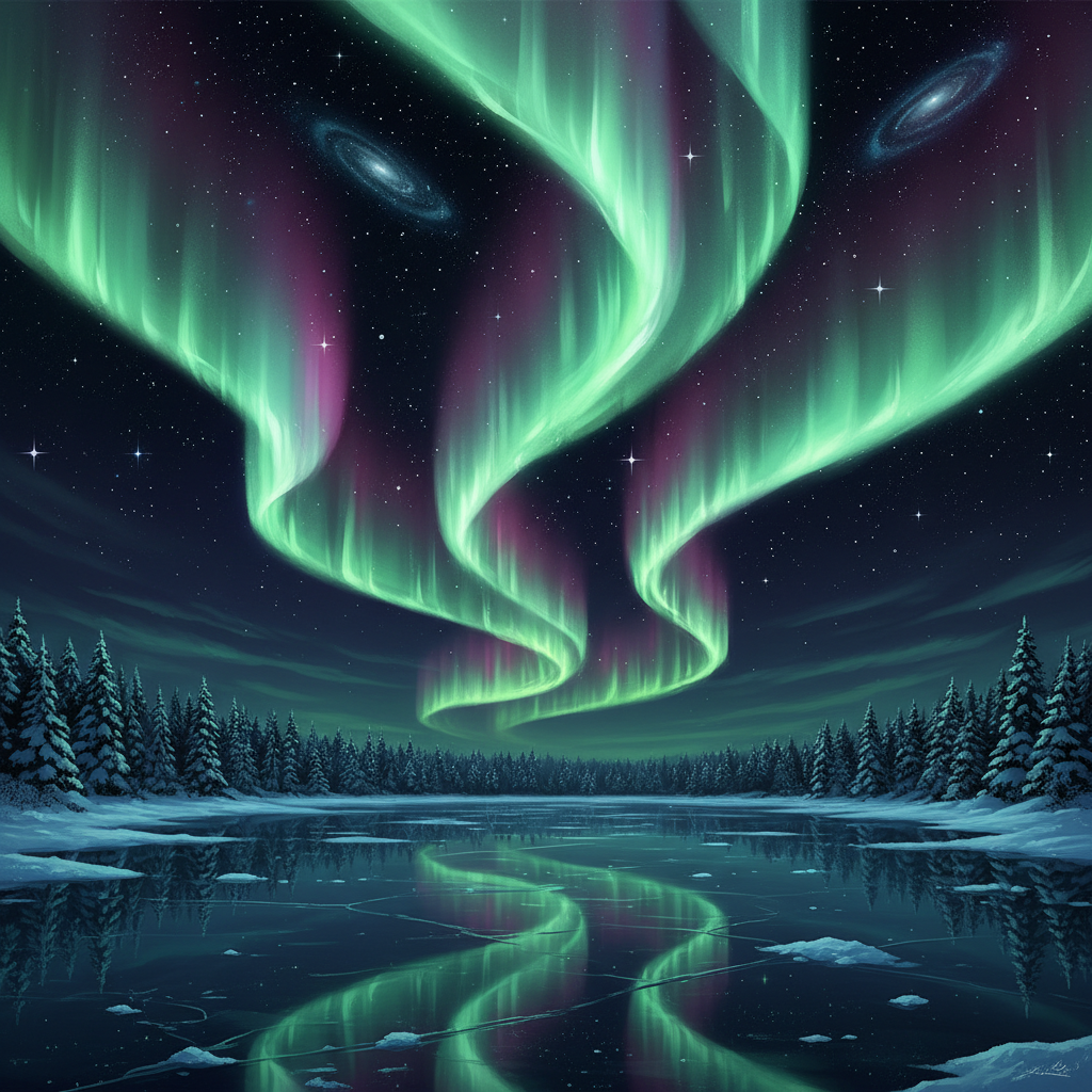 AI-generated landscape art of northern lights over a frozen lake with emerald and magenta aurora ribbons mirrored in the ice