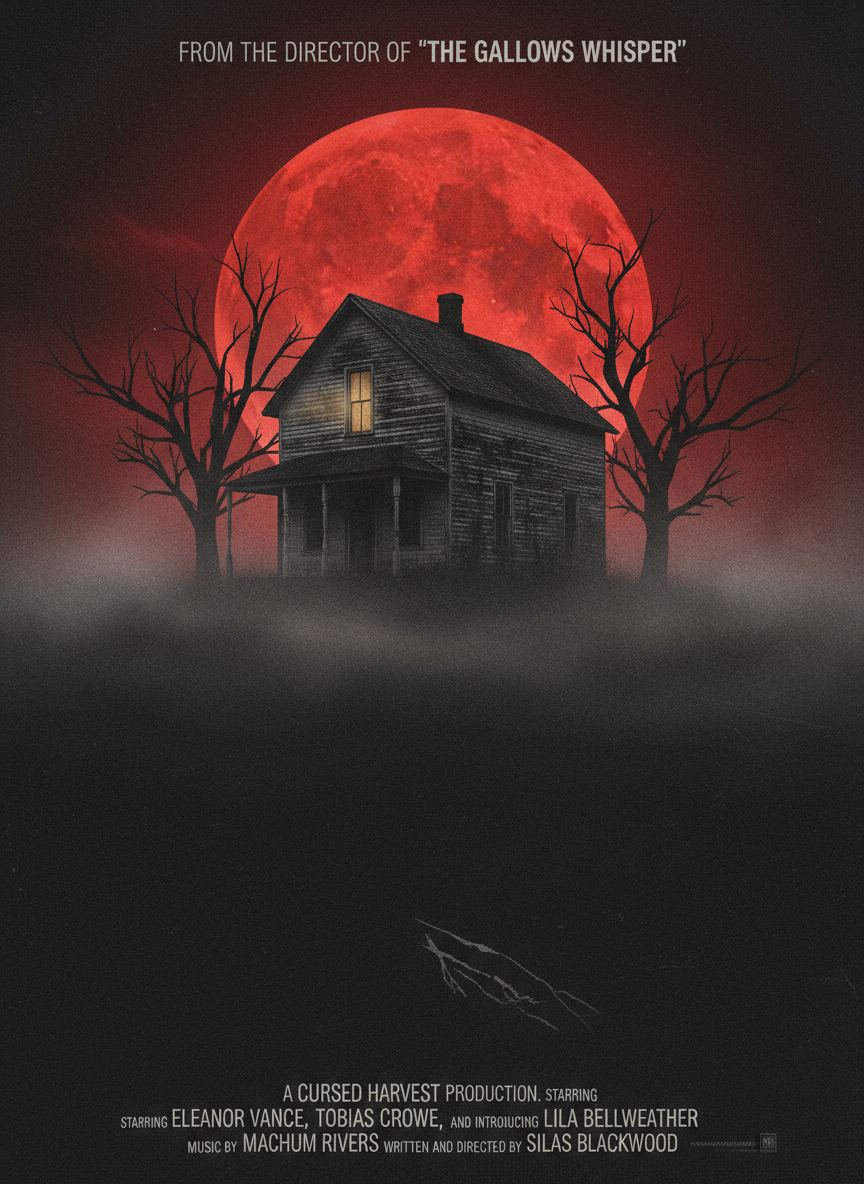AI movie poster for a horror film — isolated farmhouse at night under a blood red moon with fog and bare trees