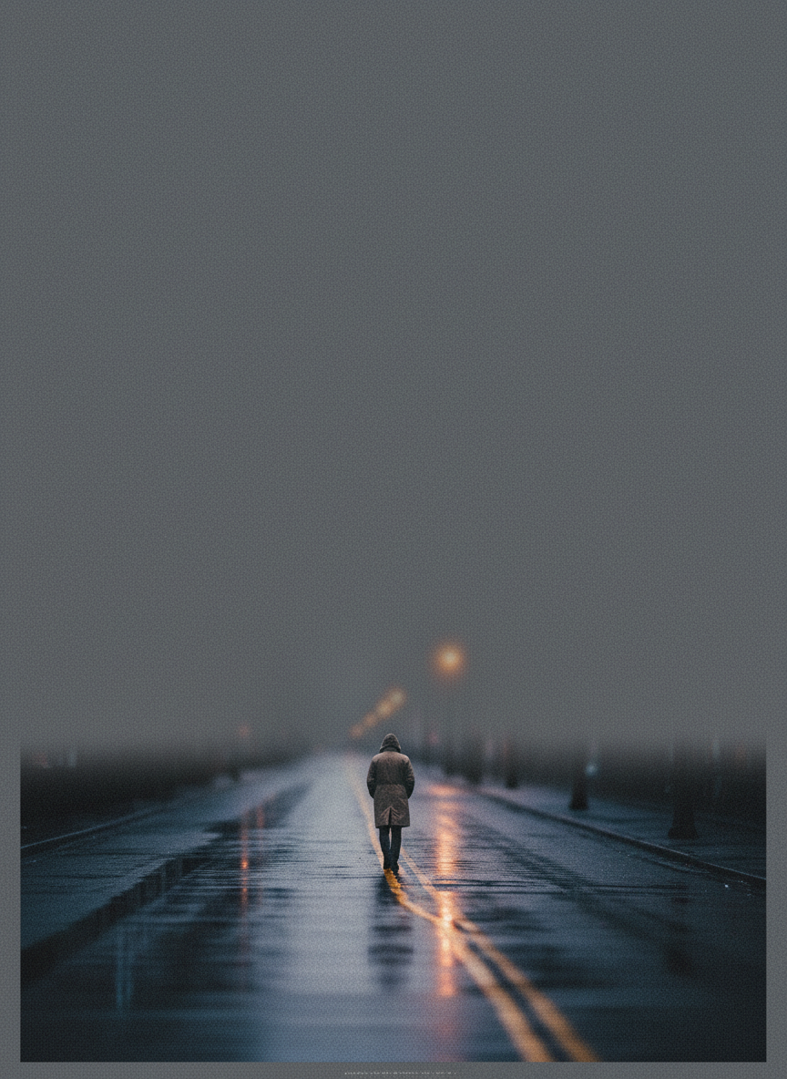 Minimalist indie drama movie poster generated by AI — solitary figure on a rain-slicked street with large negative space for a title