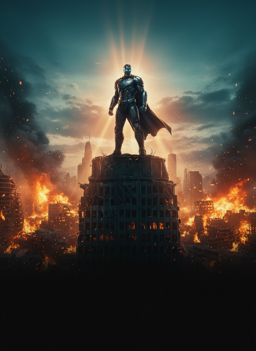 Action superhero character poster created with AI — armored figure in a burning city shot from a low hero angle