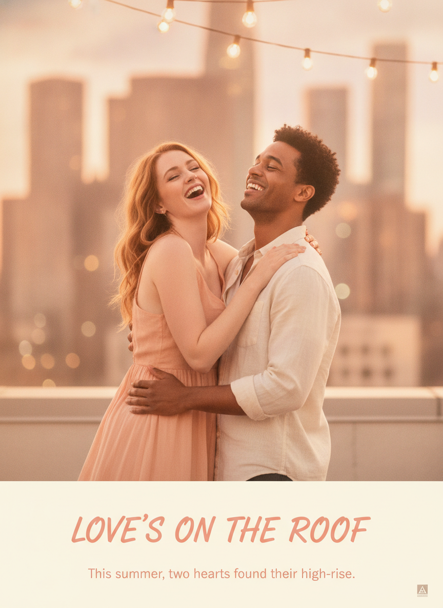 Romantic comedy movie poster in warm pastel tones — a couple laughing on a city rooftop under string lights