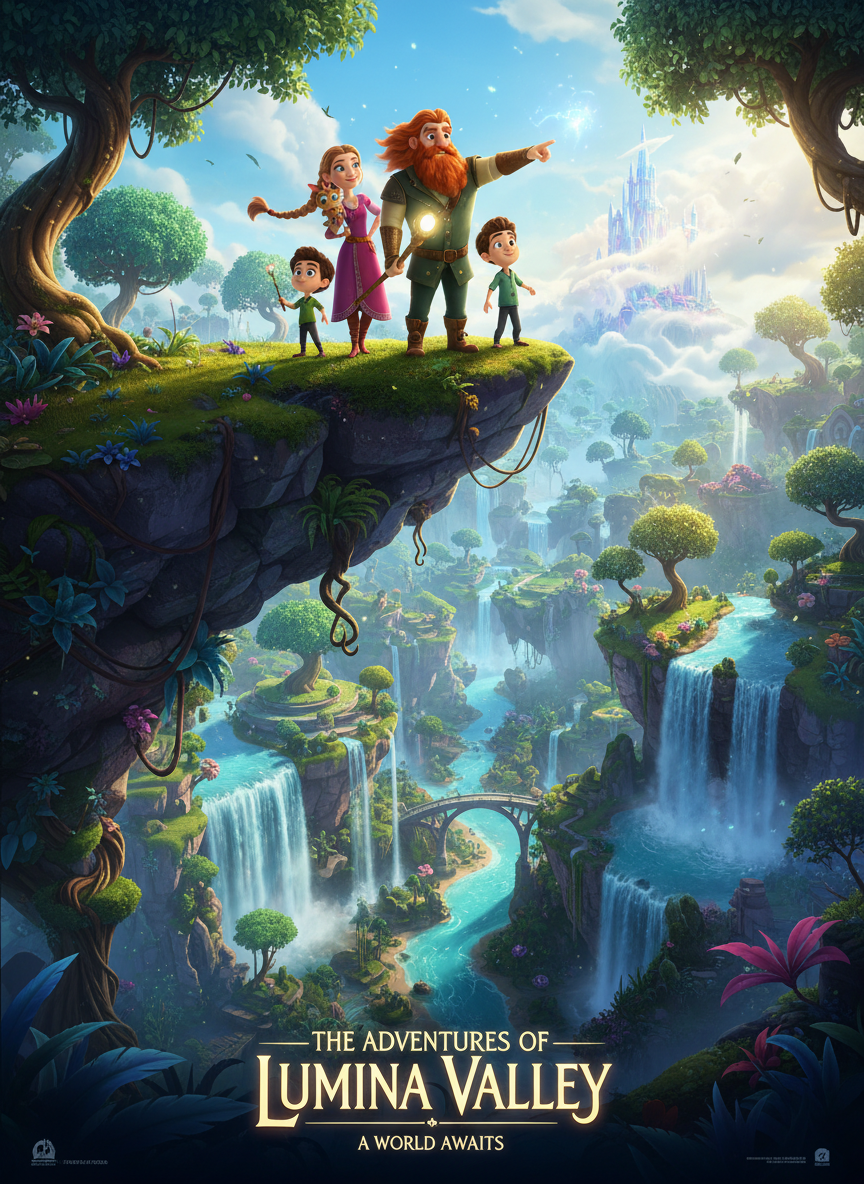 Animated family adventure movie poster — stylized cartoon characters overlooking a fantasy valley with floating islands