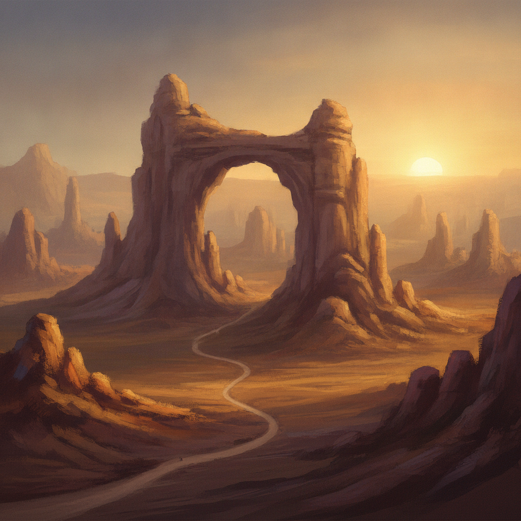 Open-world images example — eroded desert canyon with a colossal natural rock arch as a landmark, golden hour sun, dust haze and a thin winding trail for scale