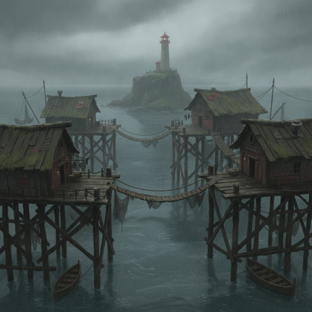 AI environments example — coastal fishing settlement built on timber stilts over grey water, rope bridges between rooftops and a distant lighthouse under drizzle