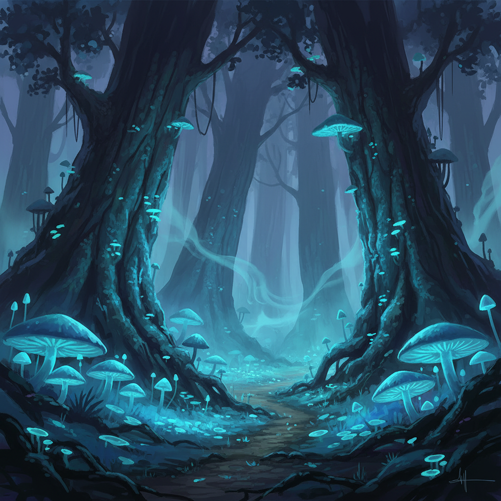 AI-generated scenes example — dense bioluminescent forest at night with glowing blue mushrooms, drifting fog between huge dark trunks and a narrow path leading into depth