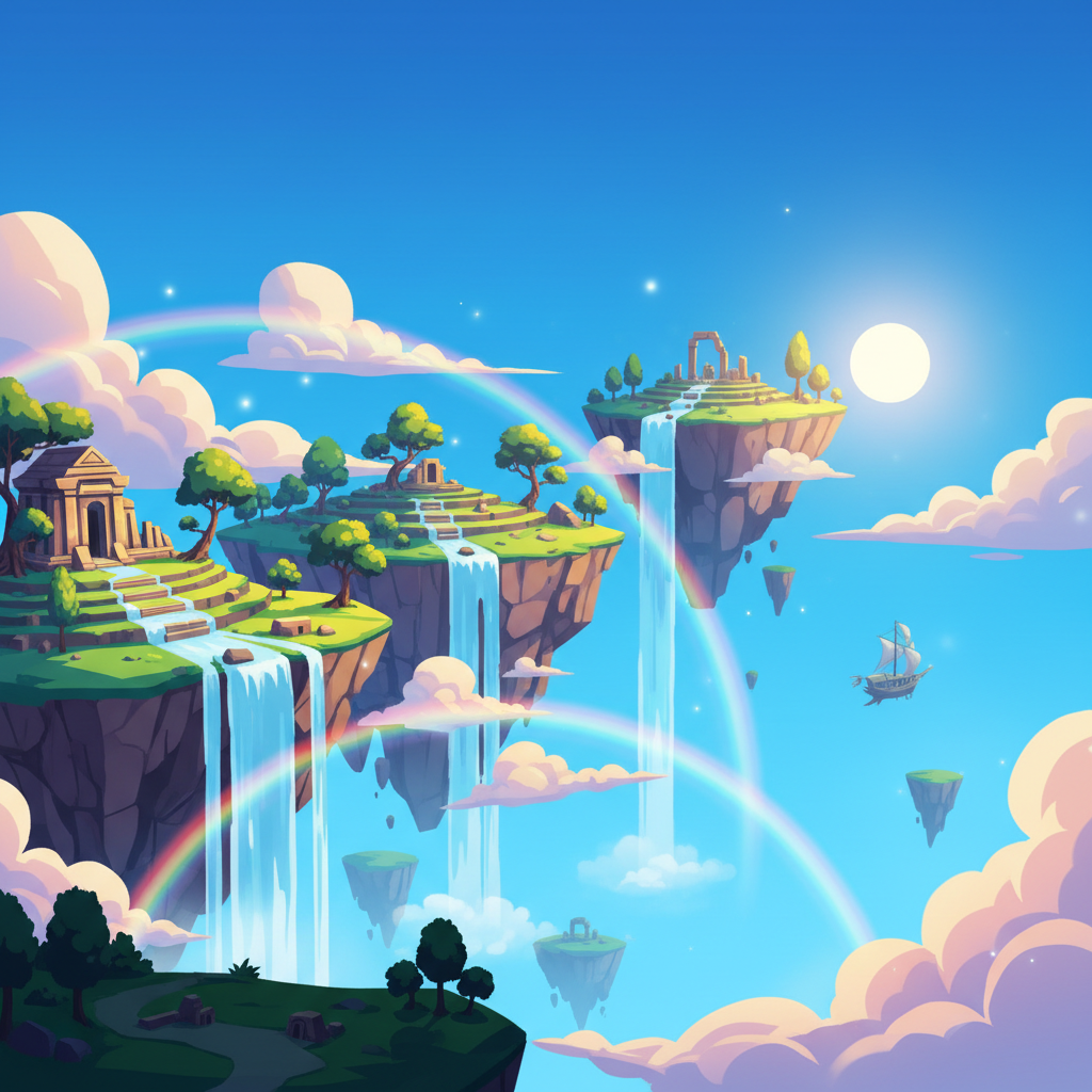 Virtual worlds concept art — stylized cel-shaded floating grassy islands linked by waterfalls pouring into open sky, saturated palette and soft cloud banks