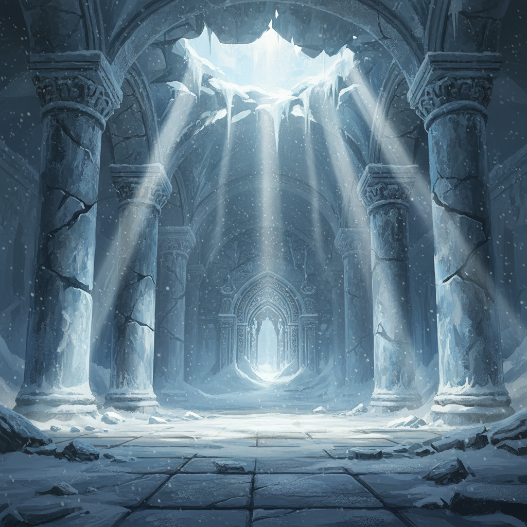 Digital landscapes example — vast ancient stone hall inside a frozen ruin with broken columns, snow drifting through a collapsed roof and cold shafts of daylight on the floor